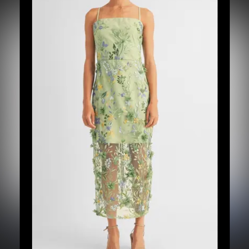 Green Floral Embroidered Midi Dress